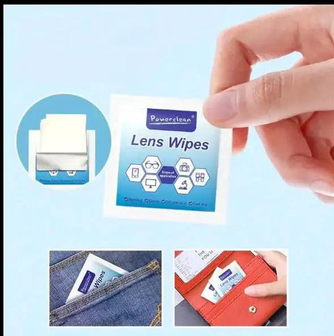 Hand holding Anti Fog Wipes For Glasses And Screens Pre Moistened Quick Dry 100 Pack next to packaging details and storage examples