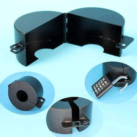 Kid Proof Door Knob Locking Device for Bedroom Doors, Metal Black, open position with padlock for securing door knob
