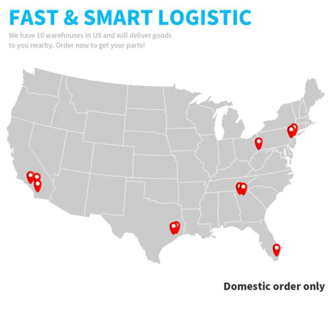 Map of the USA showing 10 warehouse locations for fast logistics and domestic orders only.