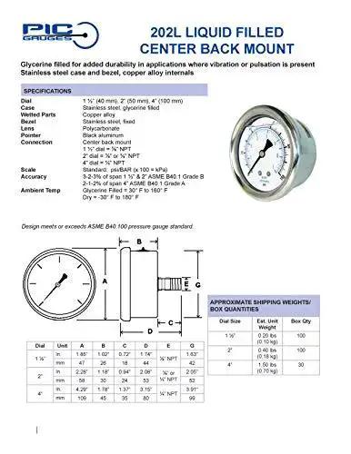 Center Back Mount Glycerine Filled Pressure Gauge With Stainless Steel Case And Bezel Brass Internals Specifications