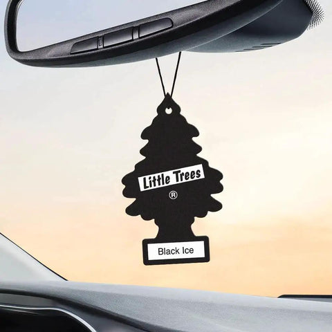 Hanging Car Air Freshener Black Ice Scent for Auto and Home 24 Pack installed on car rearview mirror