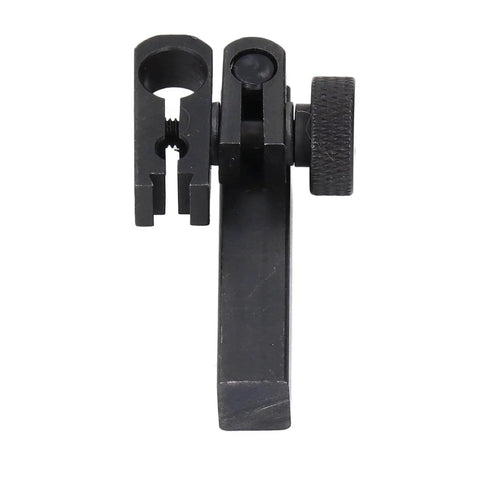Dial test indicator height holder bar with sleeve swivel clamp, black metal, side view.