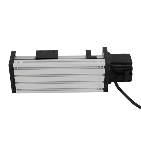 Side view of 100 200 300mm GGP Ball Screw Linear Actuator with Nema 23 Stepper Motor and CNC Linear Guide Slide, grey metal casing