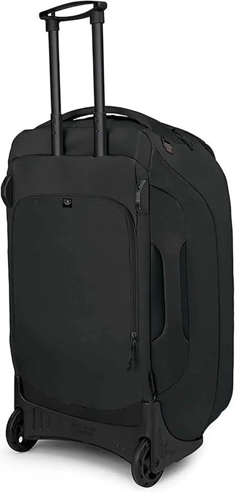 Rugged 100L Wheeled Duffel With Wingjacket Compression and Oversized 110mm Wheels, Black Osprey Sojourn Shuttle 30in 100L, standing view