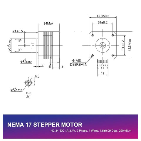 NEMA 17 stepper motor, 42×34 mm, 4-wire, 2-phase, 1.8° step, 290 mN·m torque