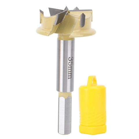 35mm Hinge Boring Bit With 9mm Hex Shank And 10mm Drilling Depth, 3 Flute Hinge Hole Cutter shown with protective cap
