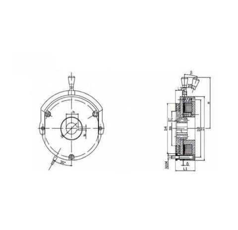 Electromagnetic brake technical drawing: front view and cross-section for DC99V loss-of-power brake.