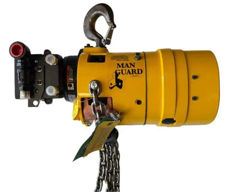 Spark Resistant Half Ton Air Hoist With 10 Ft Lift And Pendant Control, yellow casing with bronze hook, side view