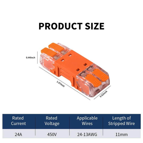 Lever Wire Connectors Two Port Splicing Terminal Blocks, orange, size specifications, for AWG 24-13 wiring, compact design.