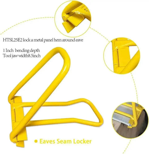 Eaves Seam Locker HTSL25E2 edge folding tool for standing seam metal roofs, yellow with 1-inch bending depth and 8.5-inch jaw width.