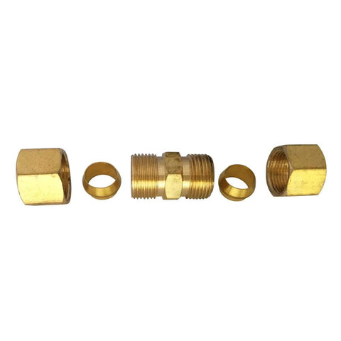 Brass compression tube fitting union, 1/4 in OD x 1/4 in OD, 5-piece set with nuts and ferrules