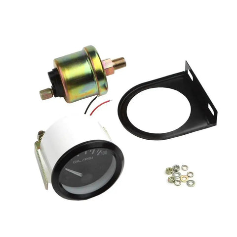 Universal Car 2 Inch 52mm Oil Pressure Gauge With White LED Indicator and components: 0 To 100 PSI, 12V DC, NPT sensor, mounting bracket