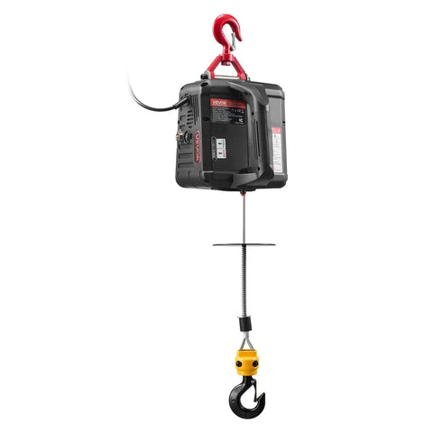 Front view of 2 In 1 Electric Hoist Winch 1100 Lbs Capacity With 1500W Lift And 25 Ft Reach, showing red hook and cable.