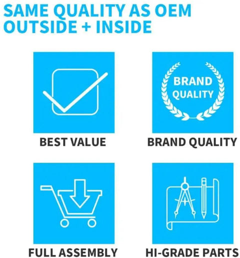 Infographic showing OEM quality features: best value, brand quality, full assembly, high-grade parts for Two Piece Hood Hinges Set.