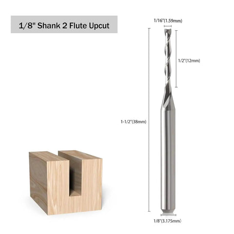 Set Of Ten Pro Grade CNC Router Bits One Eighth Inch Shank One Sixteenth Inch Cutting Diameter Flat Nose Carbide End Mills Two Flute Spiral Upcut For Wood PVC MDF Hardwood Engraving Milling And Slotting Projects, showing dimensions of bit and wood sample.