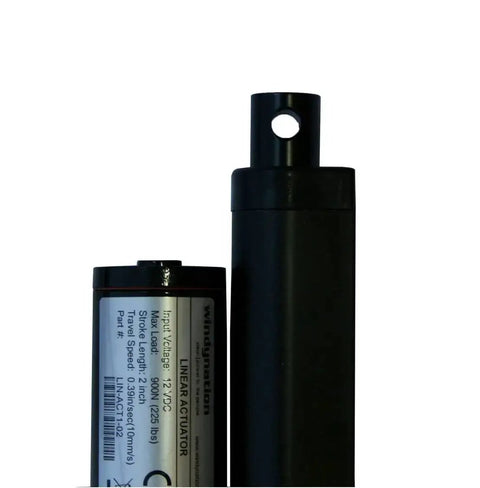 2 Inch Stroke Linear Actuator 12V DC Outdoor Rated IP65 With 225 Lb Dynamic Lift And 600 Lb Static Load, close-up view of label and shaft