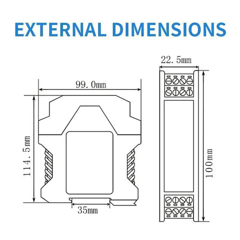 Technical drawing of DC 24V Signal Isolator for PLC with external dimensions showing width and height in millimeters.