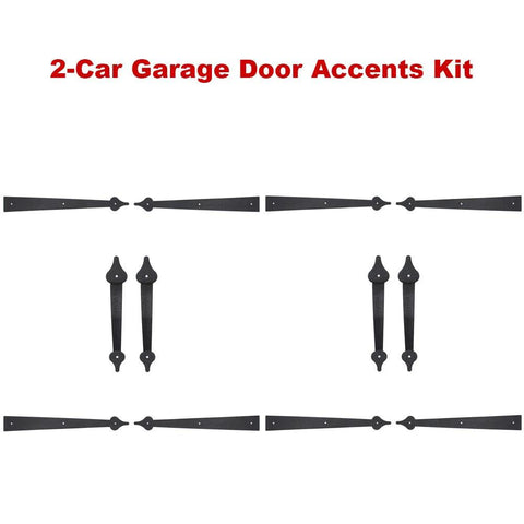 Decorative Rustic Metal Garage Door Hardware Kit With Screw In Carriage House Hinges Dummy Hinges And Handles In Black Matte Steel For Barn Doors Gates And Shutters Designed To Outfit Two Car Garages, showing 8 hinges and 4 handles in black matte finish on a white background.