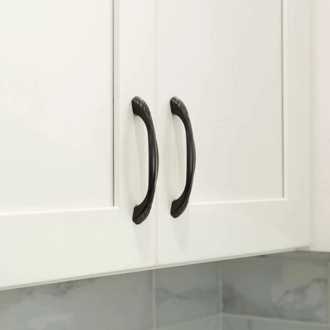 Installed Oil Rubbed Bronze Cabinet Pull Handle Six And A Quarter Inch Length Five Inch Center To Center Traditional Classic Style