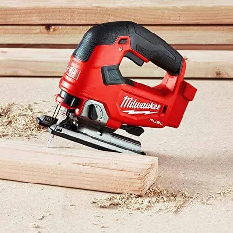 Beast Cordless Jigsaw With D-Handle, M18 FUEL Bare Tool, 10T Metal Blade, Red Milwaukee Tool on wood surface