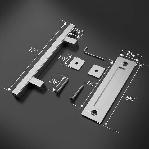Heavy Duty 12 Inch Barn Door Handle Set With Flush Pull And Finger Pull, Solid Stainless Steel, square silver finish parts