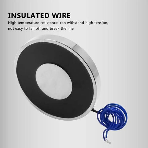 12V Round Lifting Electromagnet 200N Peak Force 80x10mm With 24cm Lead, showing side view and insulated blue wire