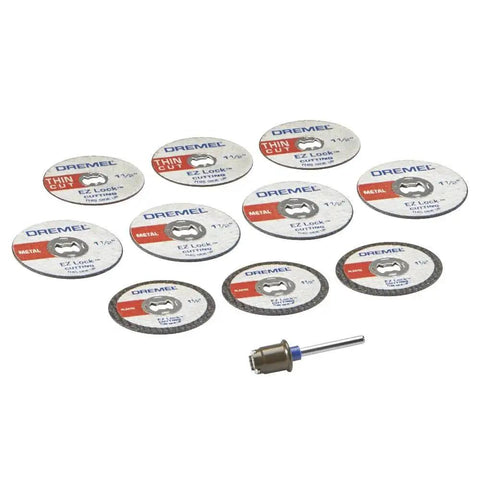 EZ Lock Cutting Accessory Kit For Rotary Tools 11 Piece Set For Metal And Plastic Cutting With Quick Change EZ Lock System Includes A Variety Of Cut Off Wheels Compatible With Dremel EZ728 01 arranged in a set including various cut-off wheels and a mandrel.