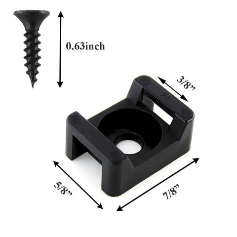Close-up of a 0.63 inch screw and saddle mount with dimensions for Six Inch Nylon Cable Ties With Saddle Mounts Base Kit And Screws For Baseboard Wall Or Desk Organization 100 Zip Ties 100 Mounts 100 Screws Tough As Nails Nylon 6 6 UL Certified.