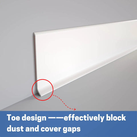 Close-up of Self Adhesive Vinyl Wall Base Molding 4 Inch Wide 20 Feet White Peel And Stick Cove Base No Glue Needed Easy Install Durable Vinyl Trim COUKIU, showing toe design.