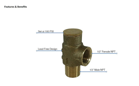 Lead Free Brass Pressure Relief Valve Half Inch MNPT And Half Inch FNPT, 100 PSI Adjustable Safety Valve for Cold Water Plumbing Systems