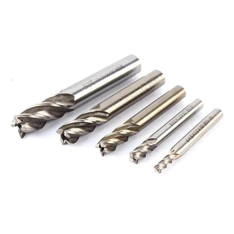 4 Flute HSS End Mill Bits Set For CNC Milling, Straight Shank Cutter Tools, 4mm To 12mm Range, Pro Grade Insert End Mills For Copper Aluminum Tool Steel Cast Iron, Fast Cutting And Durable Edges displayed in various sizes against a white background.