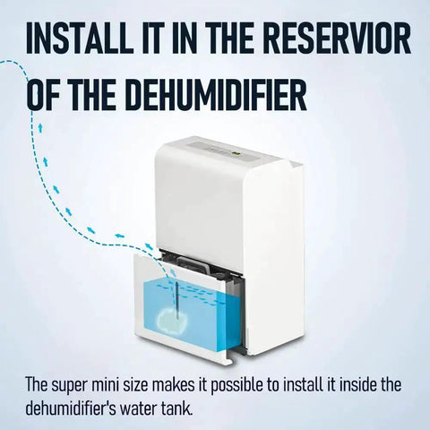 Automatic Sump Pump With Water Sensor For Condensate Removal From Dehumidifiers No Muss No Fuss shown inside a dehumidifier tank.