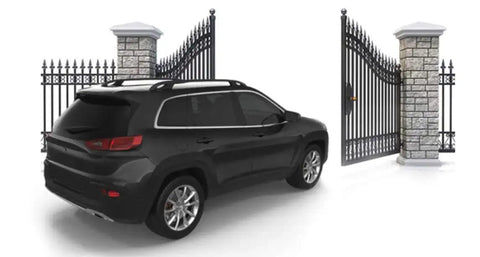 Black SUV exiting through gate with CP-4 Smart Driveway Free Exit Wand Sensor System With 100 Foot Cable For Gate Openers visible