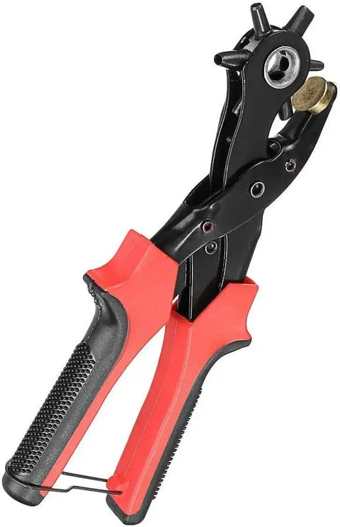 Nine Inch Heavy Duty Leather Hole Punch Set with Rotating Wheel, red grip pliers, six punch sizes, rust-resistant steel for DIY projects.