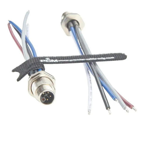 M12 L Code 5 Pin Panel Mount Receptacle Cable IP67 Waterproof Connector with preassembled wires, rugged design for industrial use