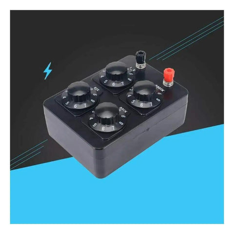 Acxico resistance box, black plastic with four numeric rotary dials (0–9) to 0–9999 Ω, red binding post