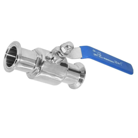 Stainless steel tri-clamp ball valve with blue lever for home brewing; 1.5-in tri-clamp ends, 1-in tube OD
