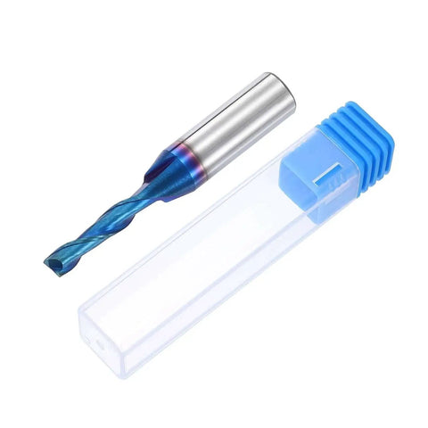 One Eighth Inch Up Cut Spiral Router Bit For CNC Woodworking And Engraving Workhorse With Two Flute Solid Carbide End Mill displayed with case