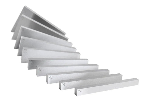 Ten Piece Precision Angle Block Set With Hardened Ground Steel And Light Magnetization Three Inch Long By One Quarter Inch Thick Blocks shown.