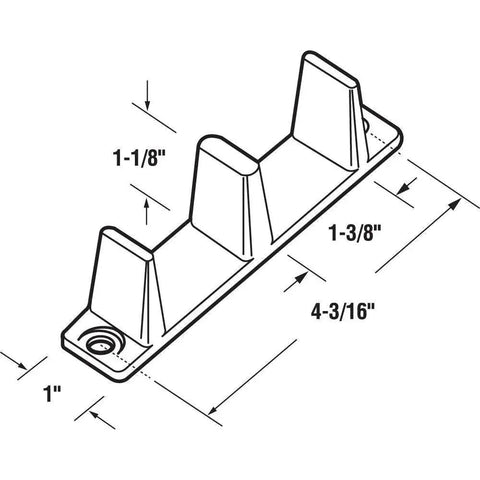 Diagram of Plastic Sliding Closet Door Bottom Guide For One And Three Eighths Inch Thick Bypass Doors, showing dimensions and fins.