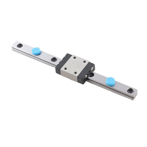 100mm linear rail guide with sliding block, metal rail and blue end caps, Amazon BISS