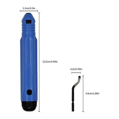 Heavy Duty Deburring Tool Kit With Anti Slip Handle And 10 BS1010 Deburring Blades For Wood Metal Plastic Aluminum Copper And Steel Perfect For Smoothing Rough Edges At Home Or In Workshops With A Contoured Grip And Easy 360 Degree Blade Replacement product showing blue handle and blade.