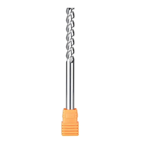 Aluminum CNC End Mill Quarter Inch Shank Three Flute Upcut Router Bit Long Three And A Half Inch Overall Length One And A Half Cutting Length One Quarter Inch Cutting Diameter Carbide End Mill For Non Ferrous Metals And Aluminum.