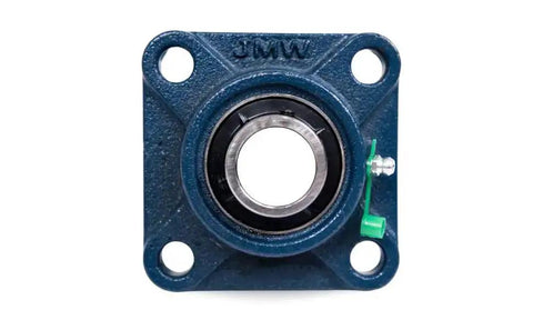 Front view of Self Aligning Pillow Block Bearing UCF205 1 Inch Bore 4 Bolt Flange Mounted With Solid Square Base Two Pack Easy Spring Clip Install
