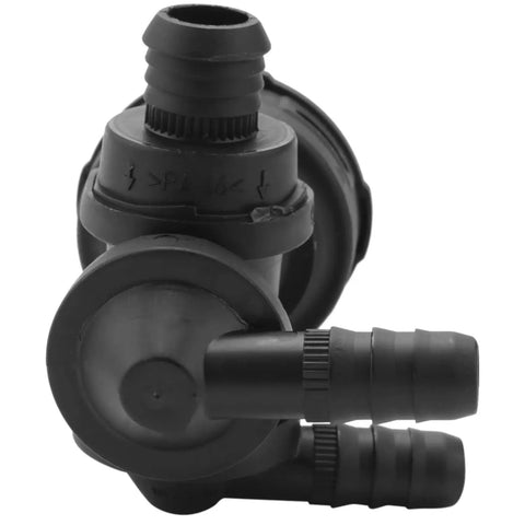 Pasotim brake booster vacuum valve, black plastic one-way valve with two hose fittings (side view)