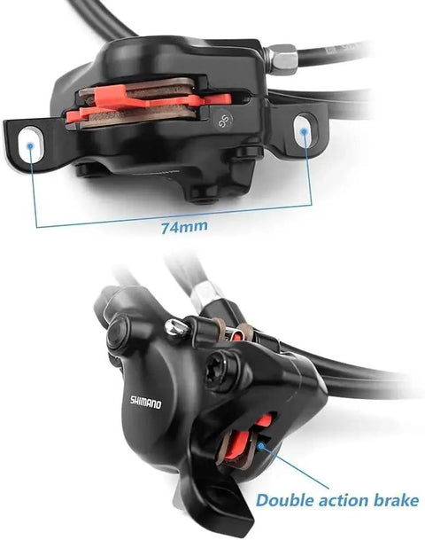 Shimano hydraulic disc brake set for bicycle, front and rear, black calipers with red pads visible.