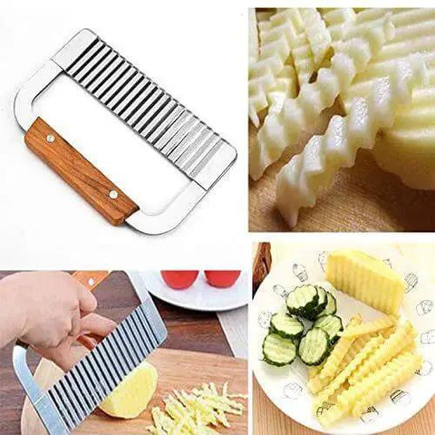 Crinkle Fry Cutter Knife with stainless steel blade and wooden handle slicing crinkle fries, cucumbers, and cheese on a cutting board.