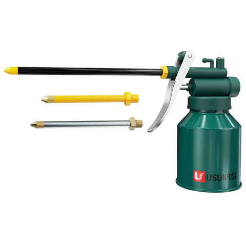 Green Metal Oil Can Set With Two Complete Sets Of Spouts For Precision Oiling Of Machinery And Automotive Parts Includes A 9 Inch Flexible Spout And 3 Inch Straight Spouts One Yellow Spout Zinc Plated Nozzles And A Durable Epoxy Finish