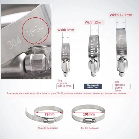 10 Pcs 304 Stainless Steel Adjustable Hose Clamps Set For Automotive And Industrial Use with size range 8mm to 152mm shown.