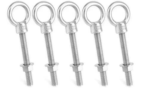 316 Stainless Steel Shoulder Eye Bolt Set Half Inch By Four Inch Marine Grade Eyebolts With Nuts, Five Pack